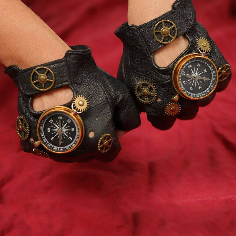 Steampunk Fingerless Gloves with Compass & Gears