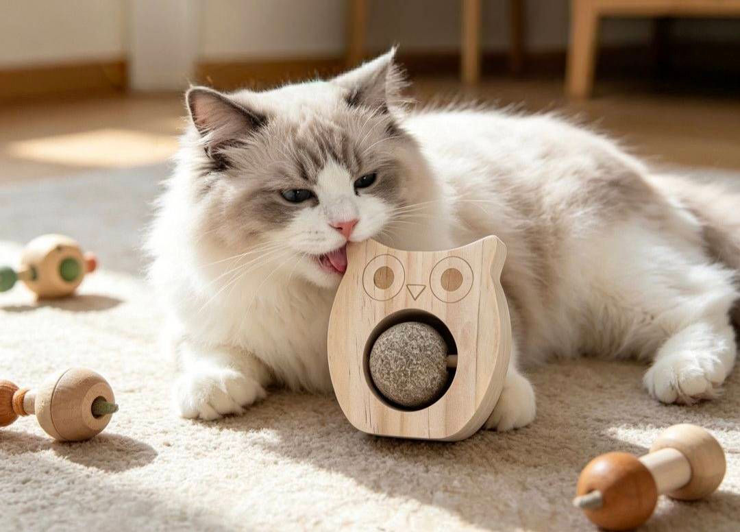 Wooden Cat Head Rotating Ball Toy