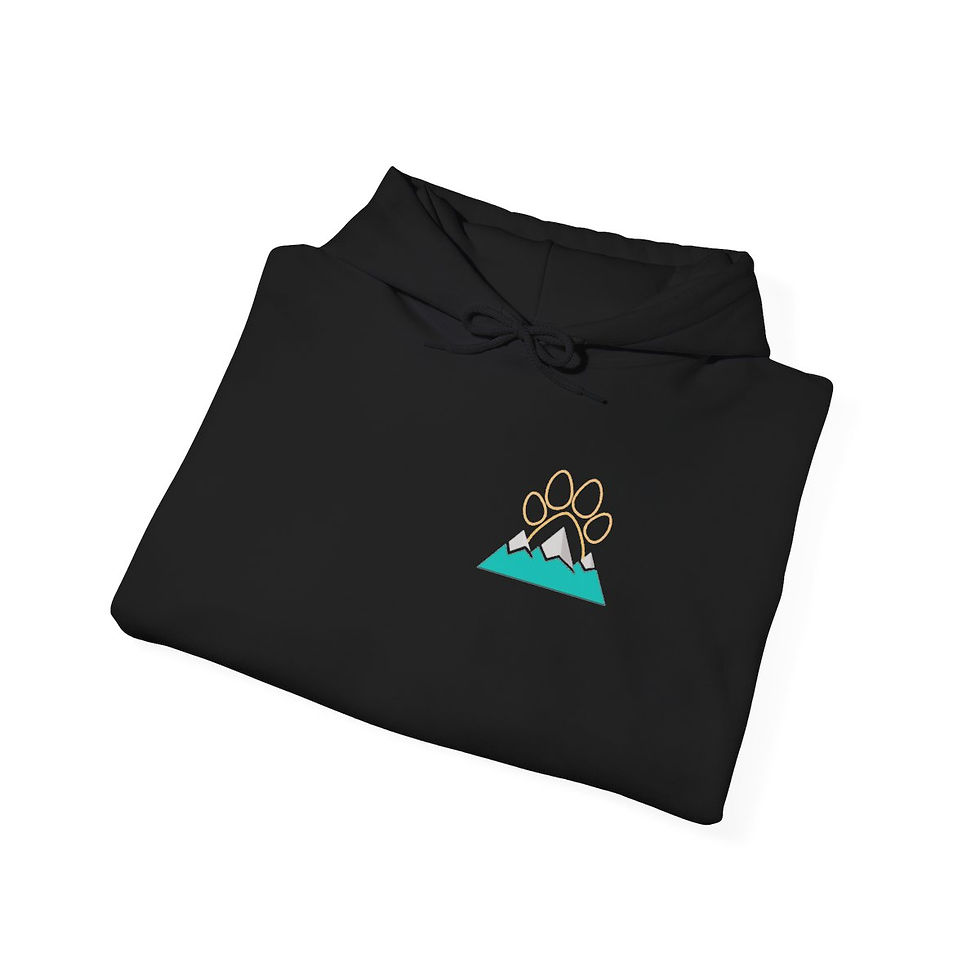 Thumbnail: Black folded shirt with mountain and paw design, All Around Pet Care.