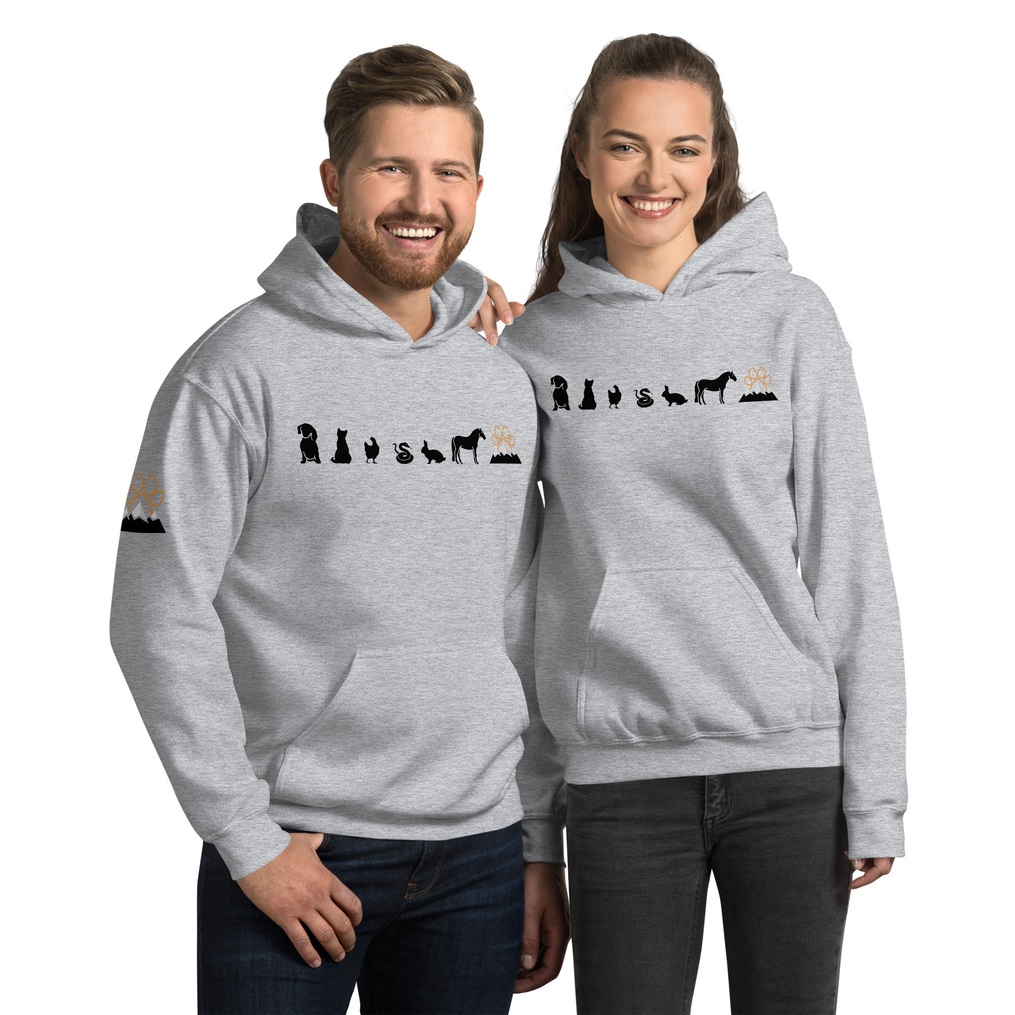 Man and woman wearing Unisex Hoodie Sleeve Mountain All Around Pet Care.