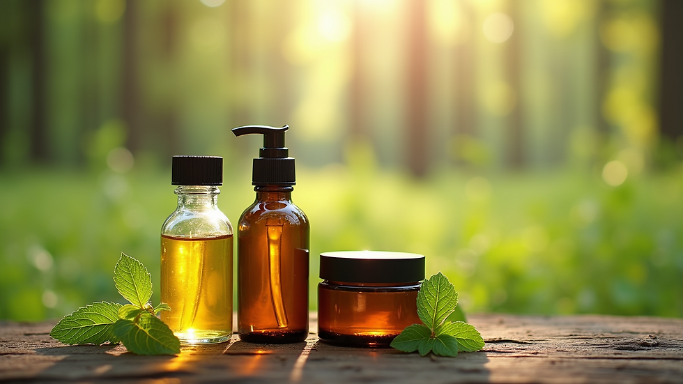 Eye-level view of glass bottles with essential oils and herbs