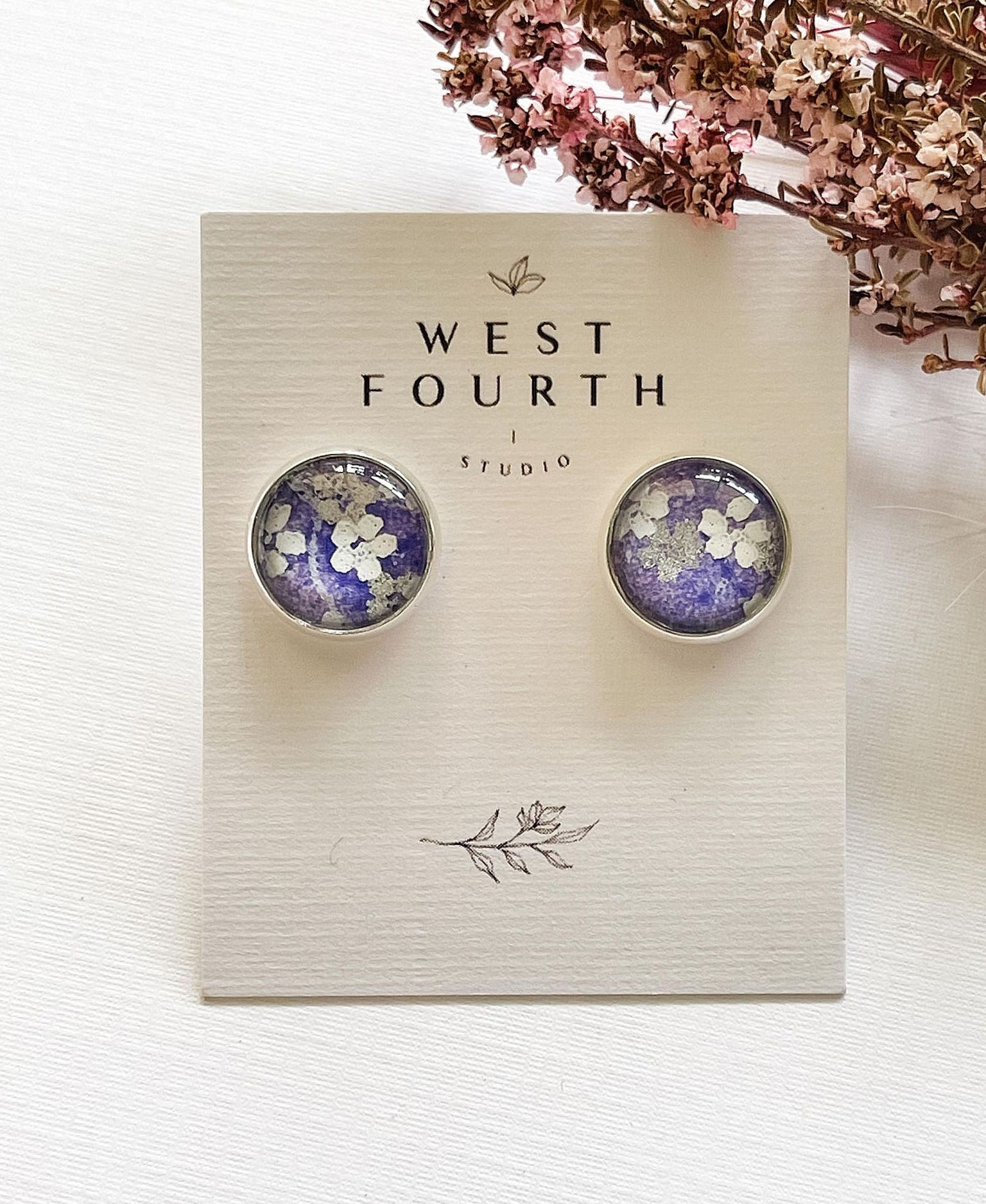 white flowers on light purple Japanese paper studs
