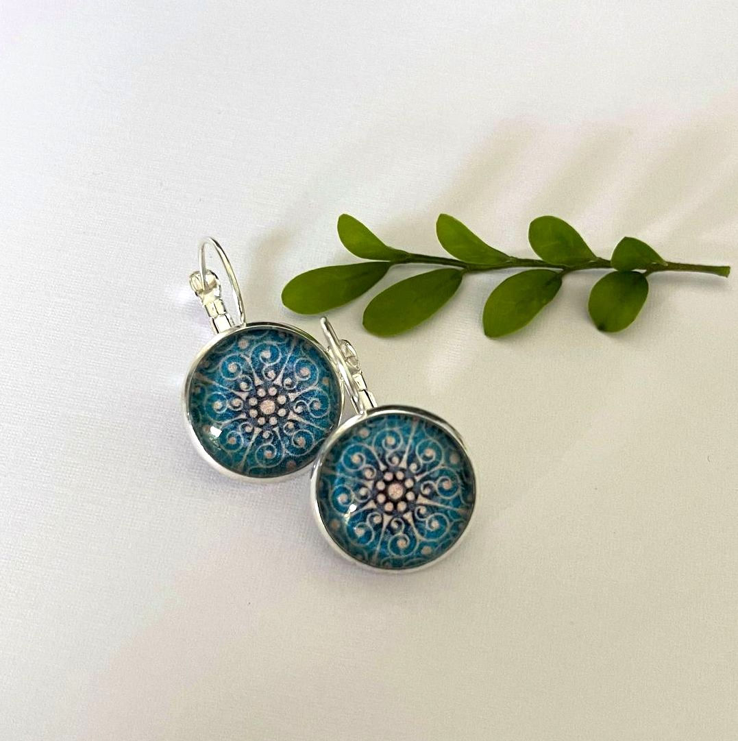 blue patterned earrings