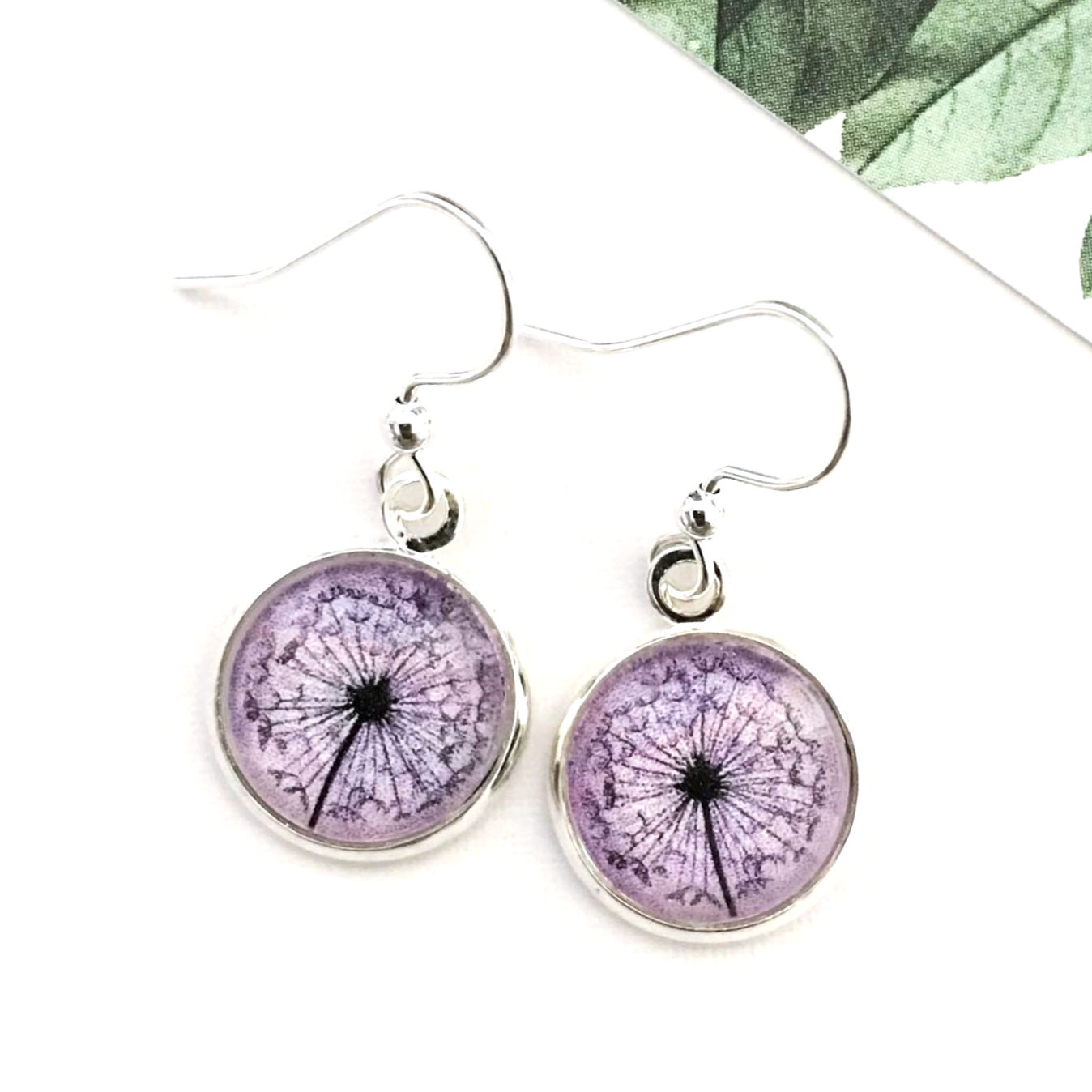 Purple large single dandelion earrings