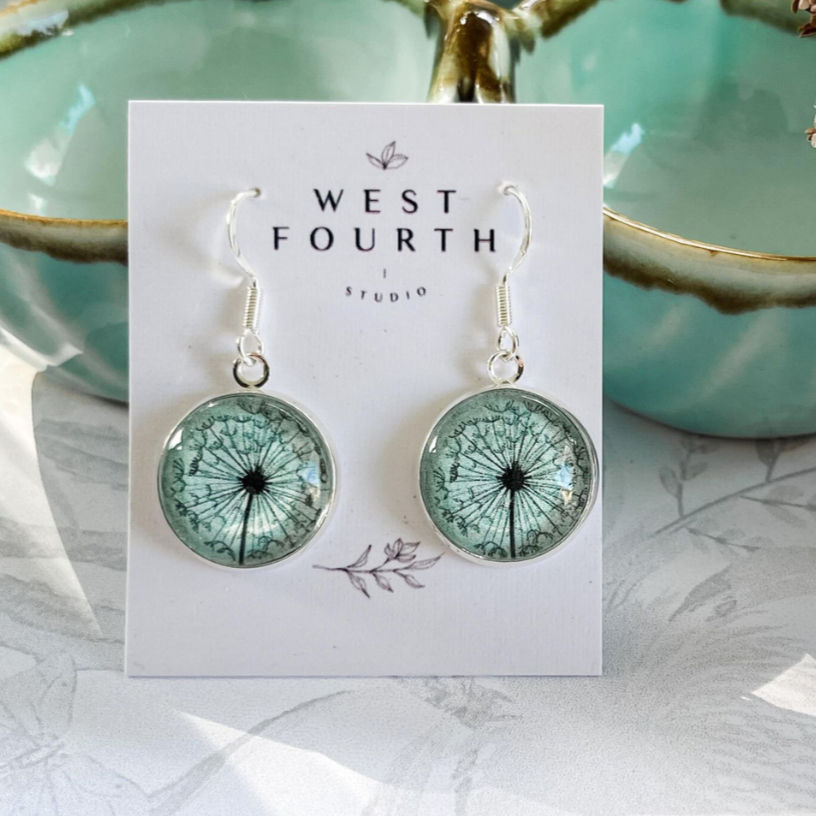 Green single close up dandelion earrings
