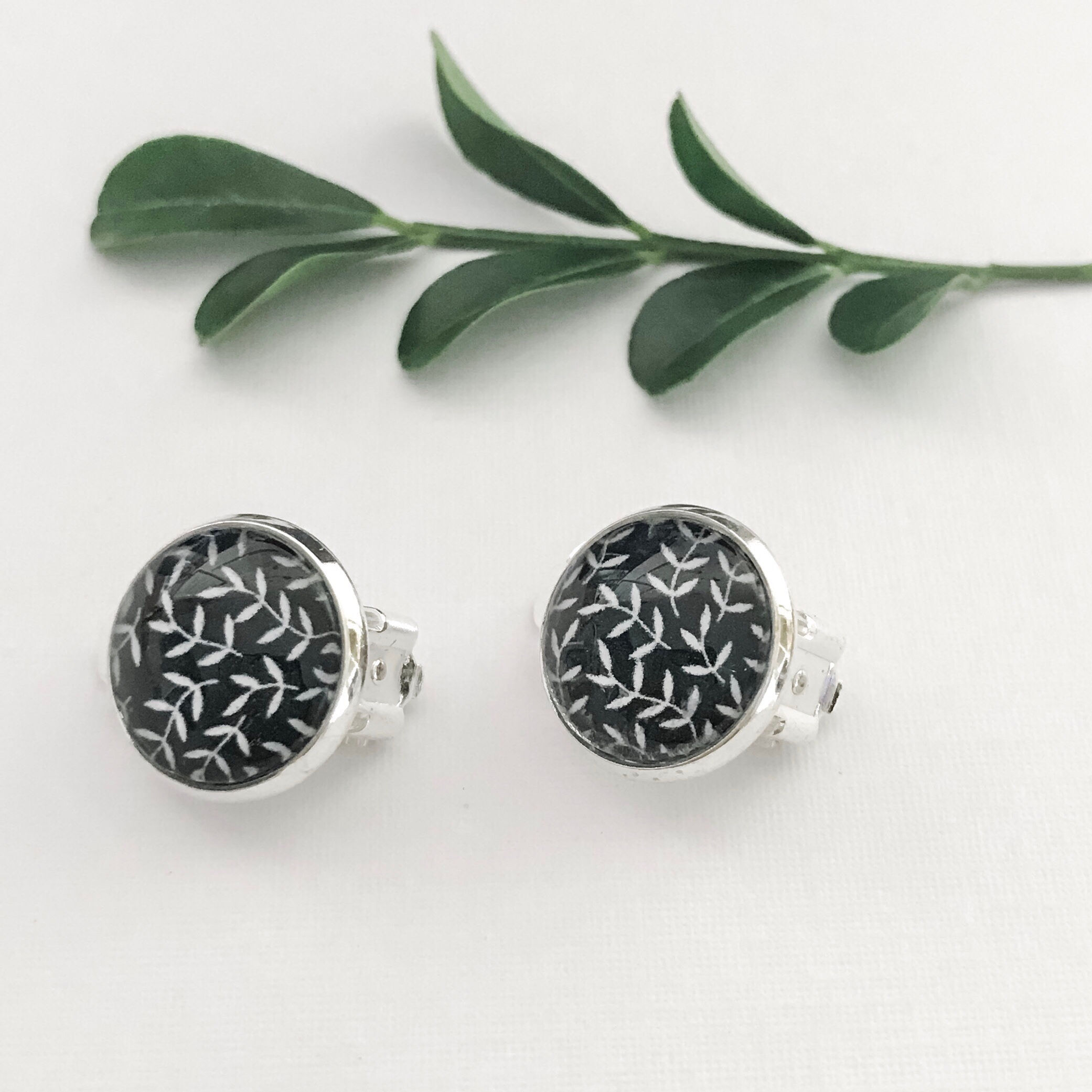 clip-on earrings ~ black and white leaves