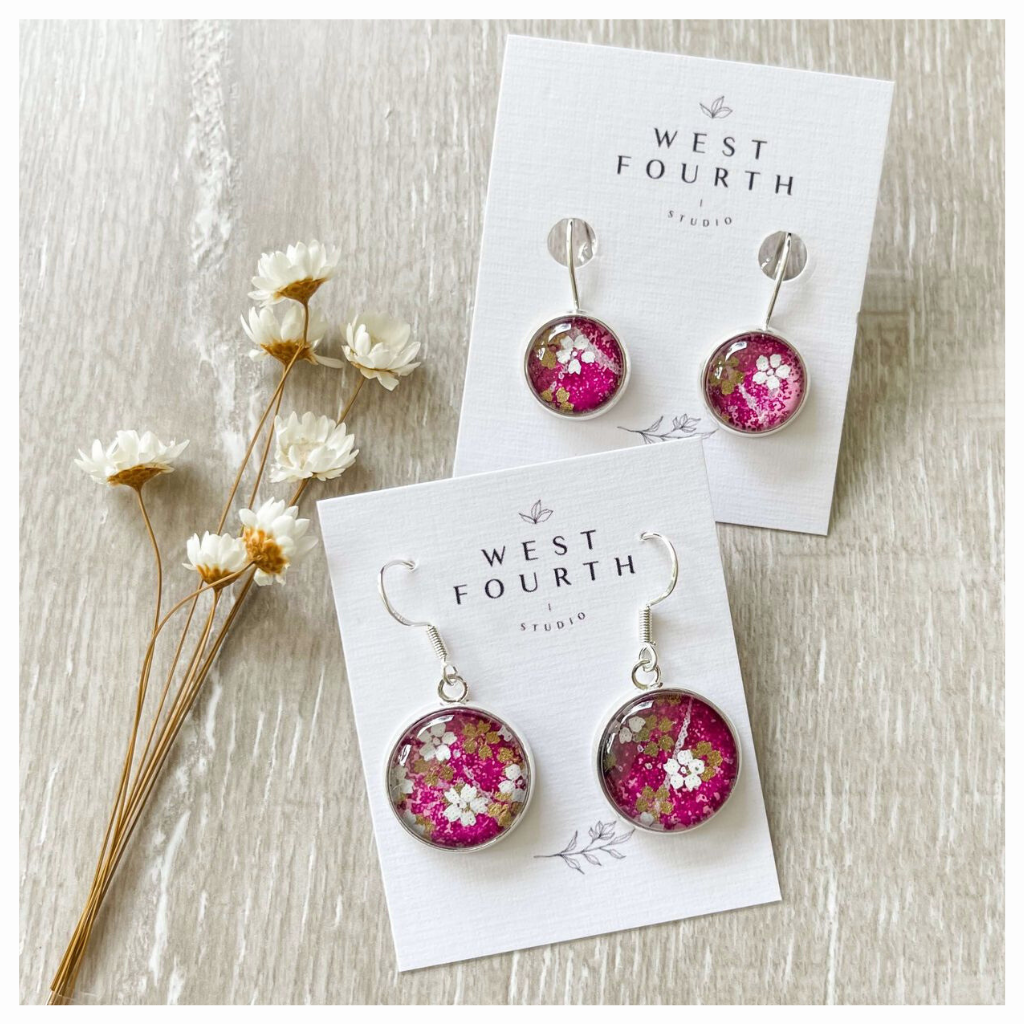 dark purple with white flowers earrings