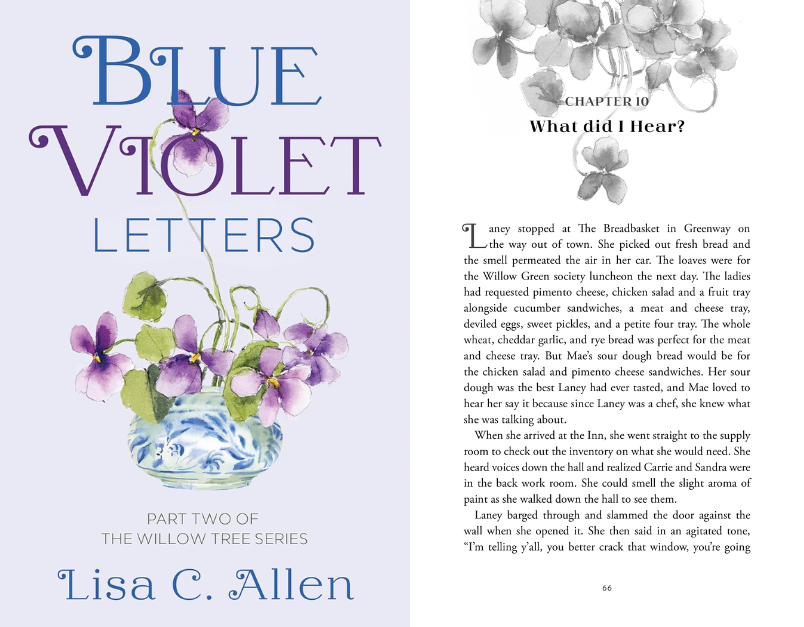 Book cover and chapter opener example using floral artwork, centered typography, and soft decorative elements to create a gentle, elegant opening.