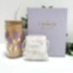 a gold and purple tulip design glass tumbler with lilac coloured 5 minute journal and be real affirmation cards