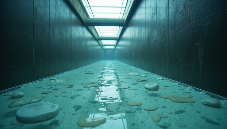 Eye-level view of sedimentation tank with large flocs settling at the bottom