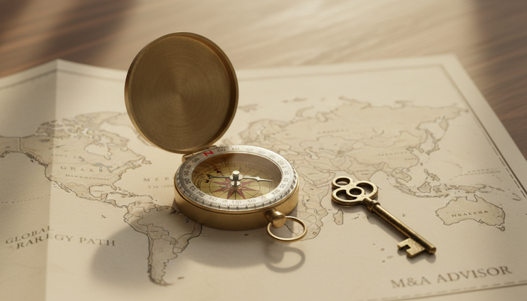 Close-up view of a compass resting on a paper map beside a small brass key