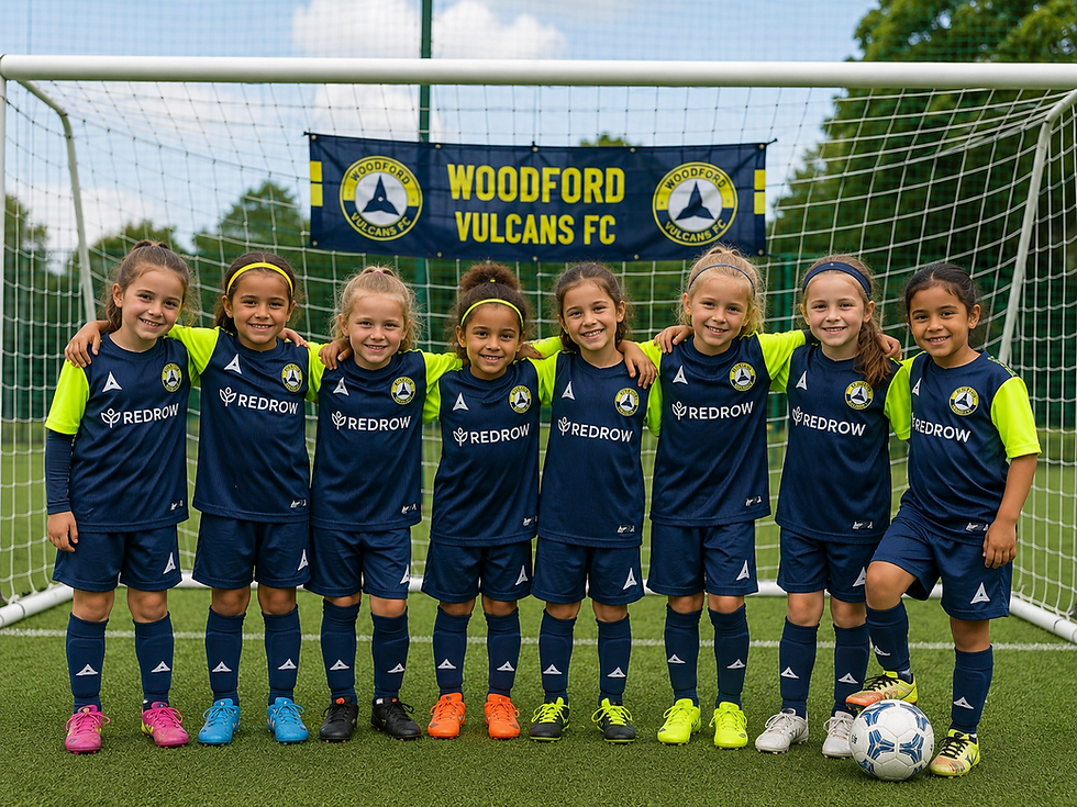 Woodford Vulcans FC girls youth soccer team posing together.