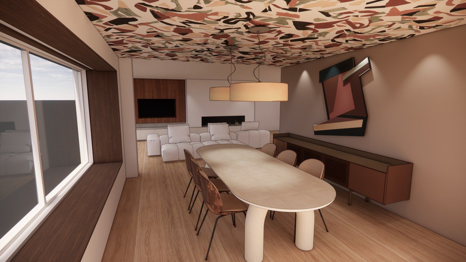 Vue 3D de la salle à manger, du plafond en papier peint et du salon