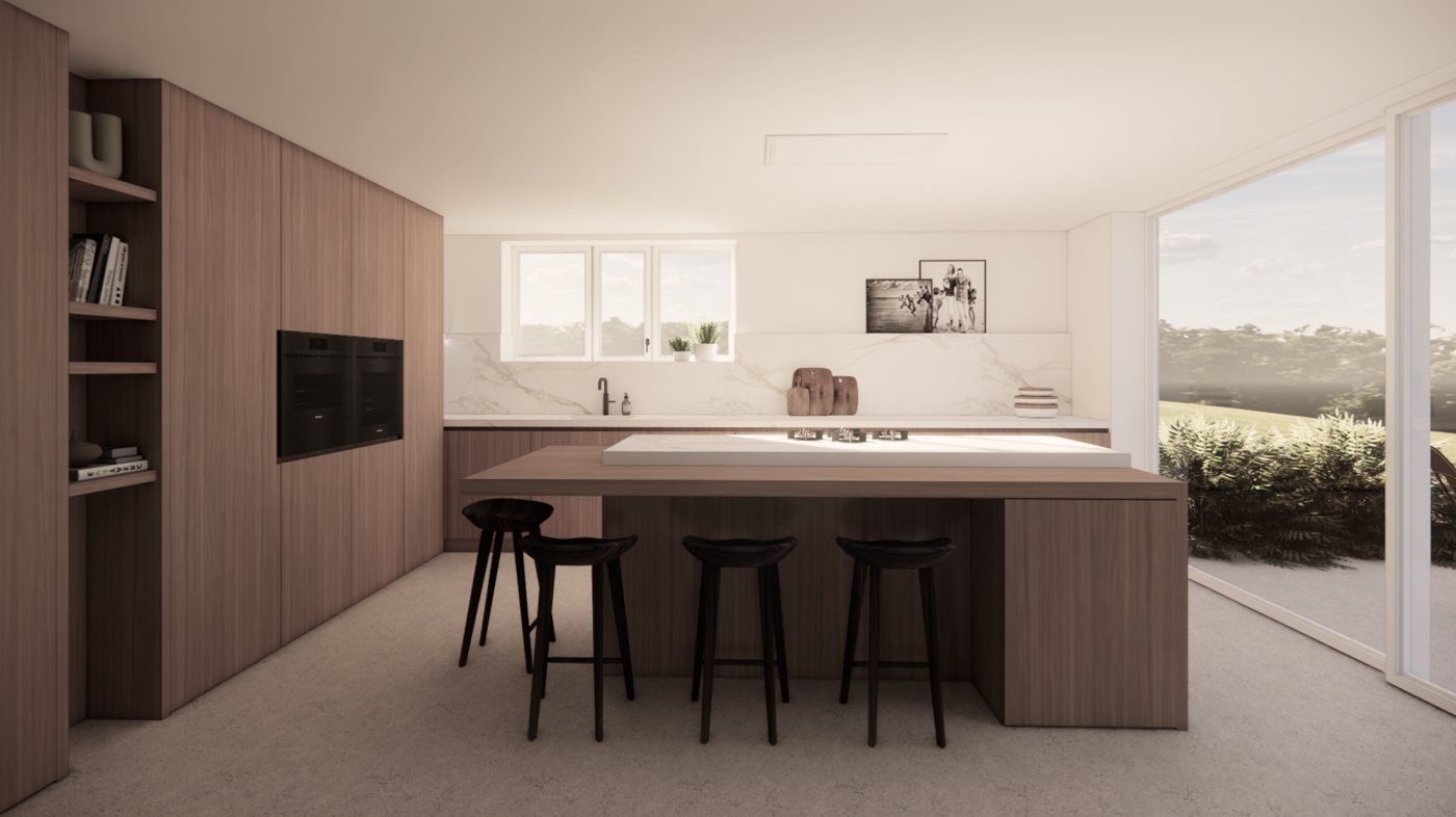 Vue 3D de la cuisine ouverte sur le jardin