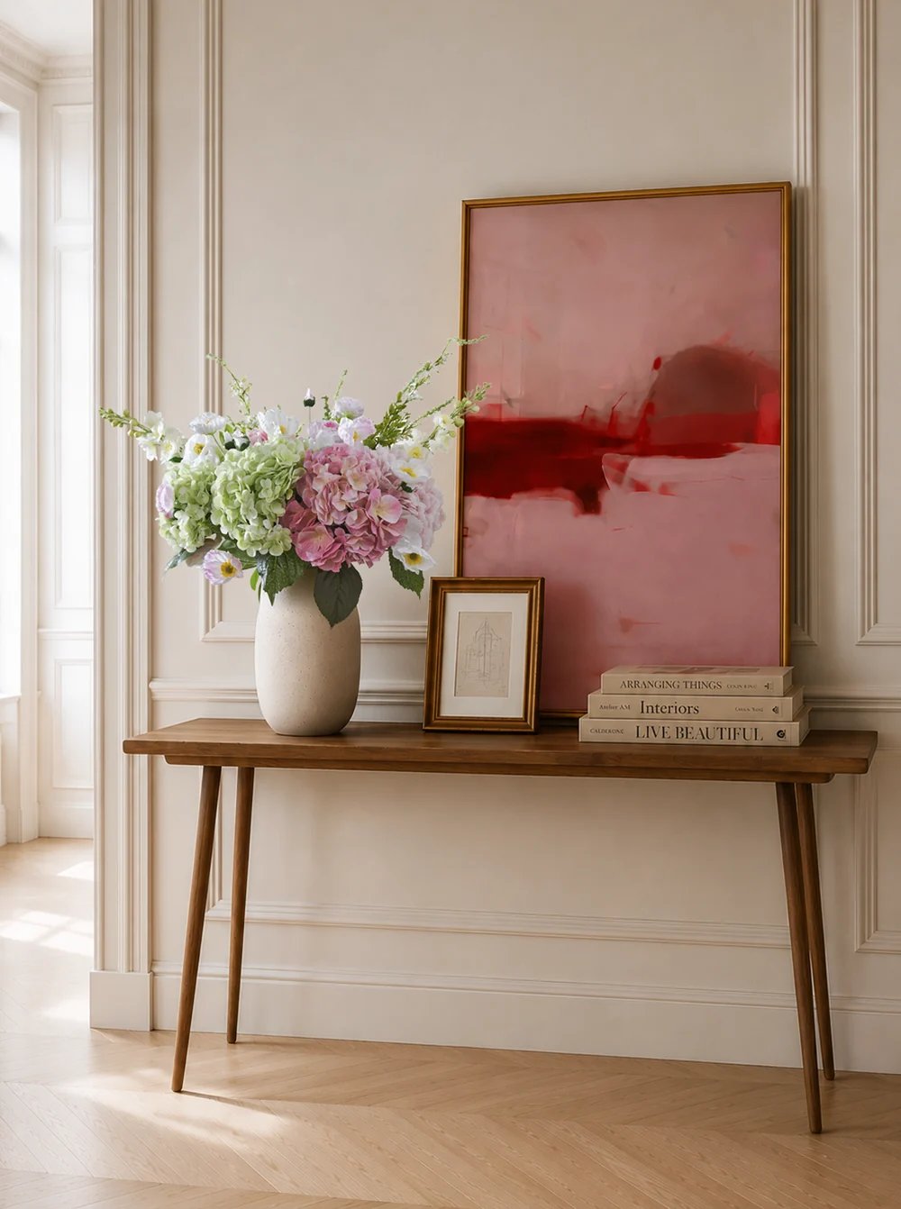Console en bois, bouquet d’hortensias et tableau rose