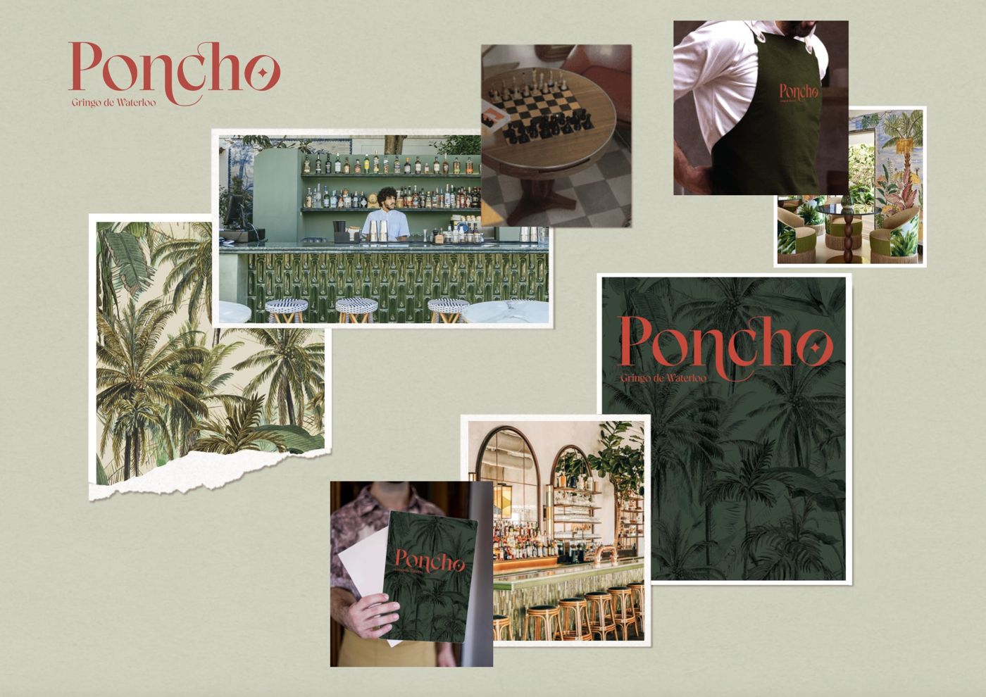 Planche de tendance de la piste retenue : jungle, zelliges verts, bar, tabliers