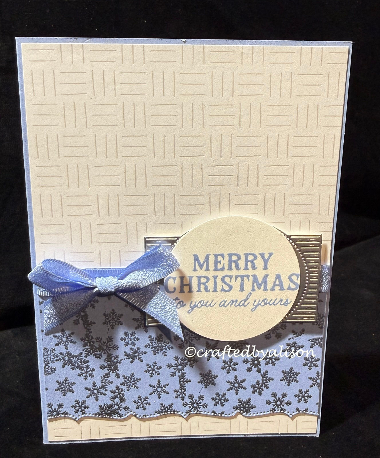 Stitched Stocking silver & blue embossed greeting card