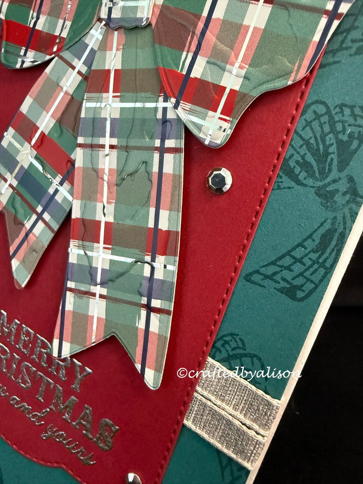 embossed card front, foliage, 3D frame, tartan bow, metallic gems