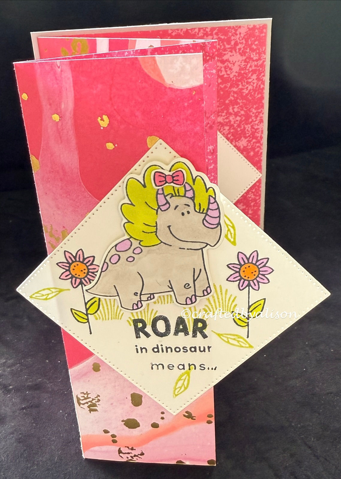 Darling Dinos hot pink funfold birthday card