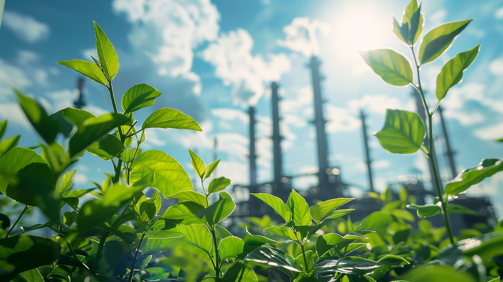 Fresh green leaves in the foreground with a blurred industrial plant and blue sky behind t