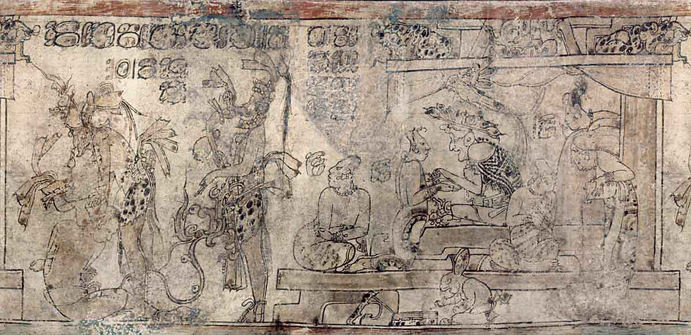 A rollout of the Princeton Vase’s painted scene, Maya, 670–750 CE. A woman pours a chocolate drink at the right.