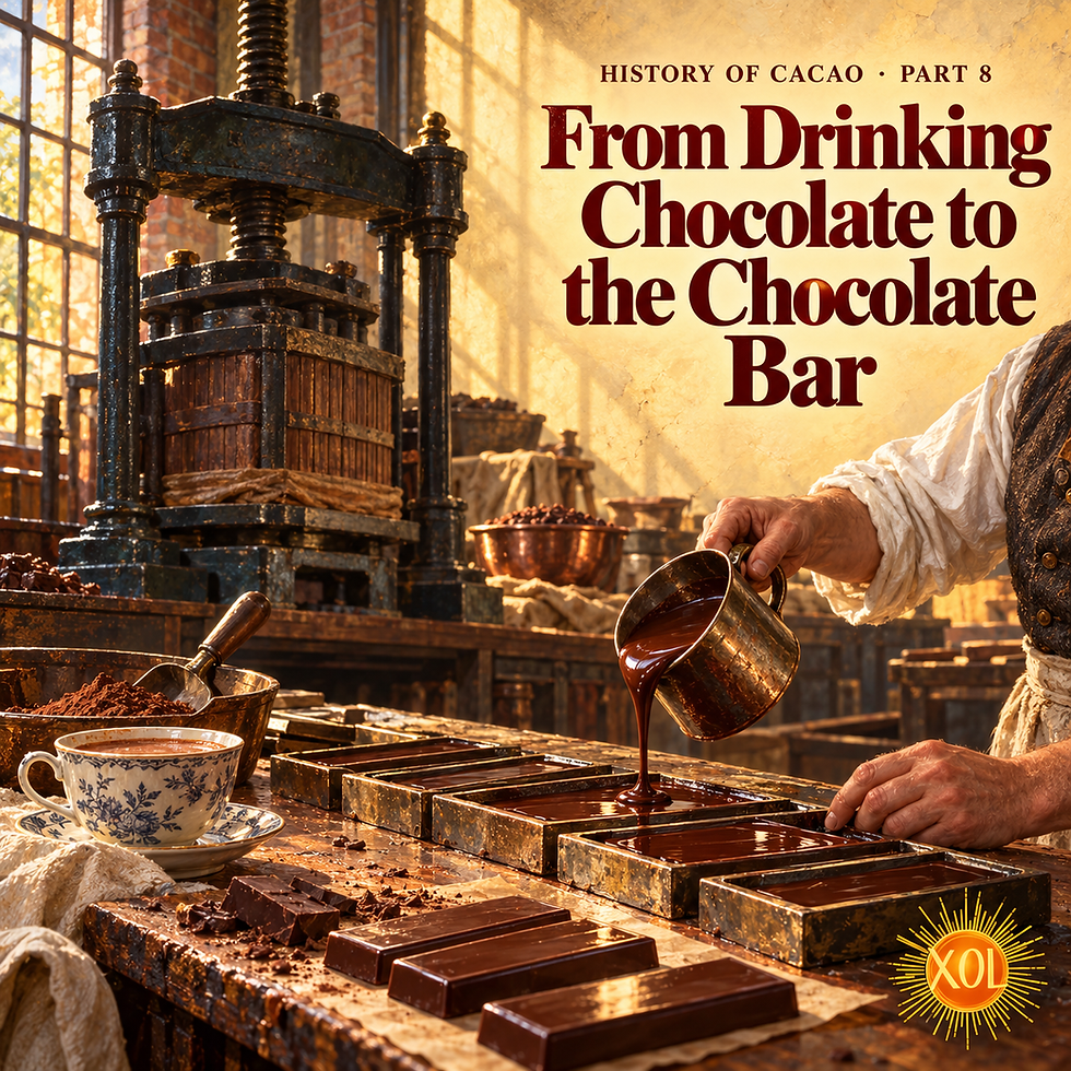 From Drinking Chocolate to the Chocolate Bar — original painting of an imagined nineteenth-century workshop with an iron press, drinking cup, and chocolate being poured into rectangular molds.