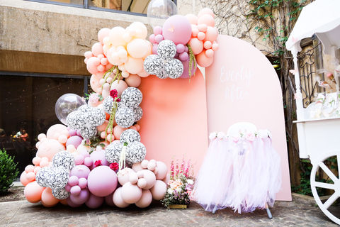 Balloons, backdrops, dessert cart, and flowers for a fairytale themed first birthday party