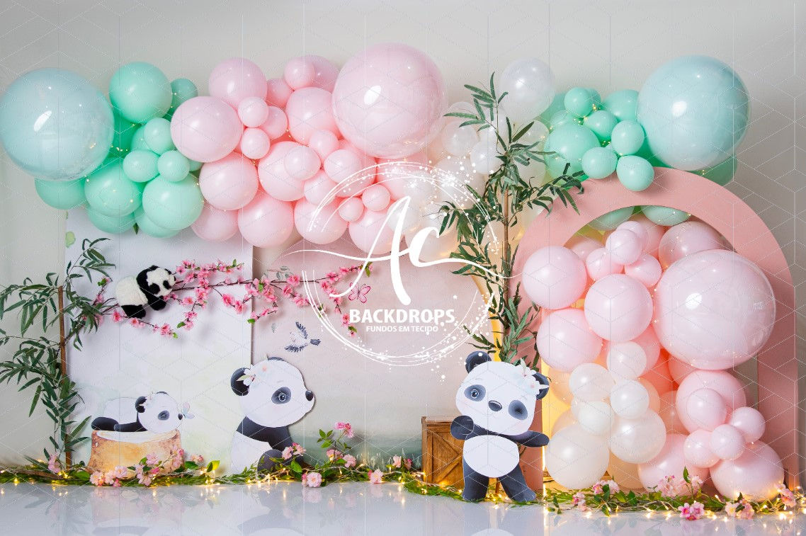 Fundo Fotográfico em Tecido - Panda Rosa - Kenia Barros
