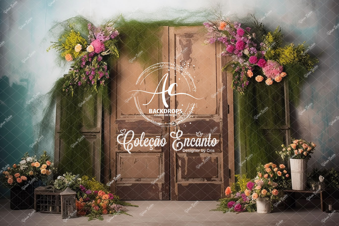 Fundo Fotográfico em Tecido - Porta Rustica Floral - Coleção Encanto 3D