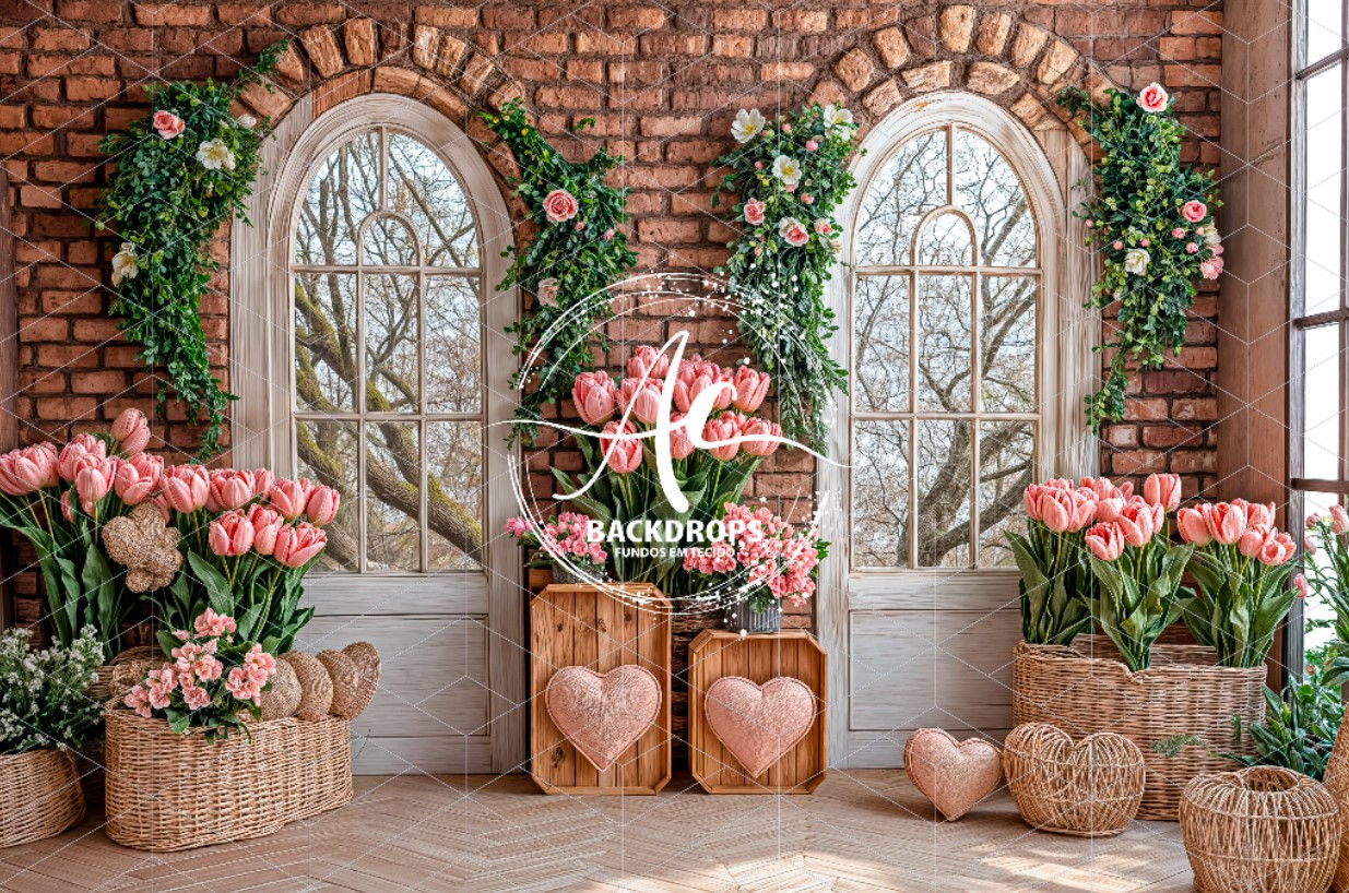 Fundo Fotográfico em Tecido - Dia das Mães, Janela Floral, 3D - Aline Castro