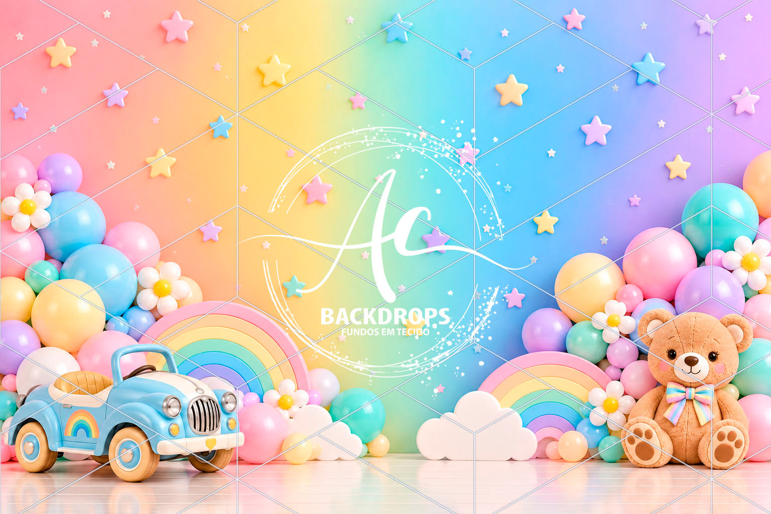 Fundo Fotográfico Arco-Íris Urso Carrinho
