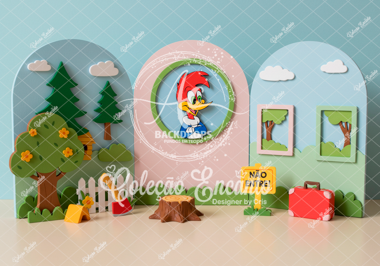 Fundo Fotográfico em Tecido - PICA PAU _COLEÇÃO ENCANTO