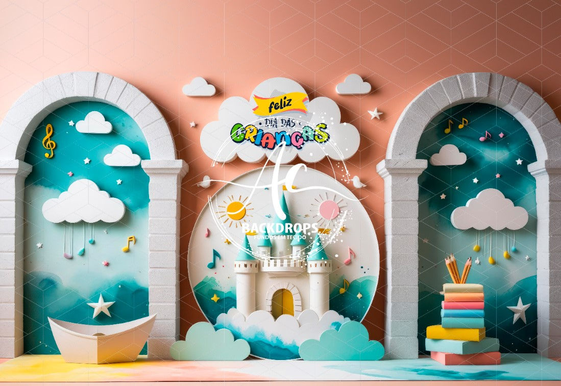 Fundo Fotográfico em Tecido - Dia das Criança -ABC- AQUARELA - 3D