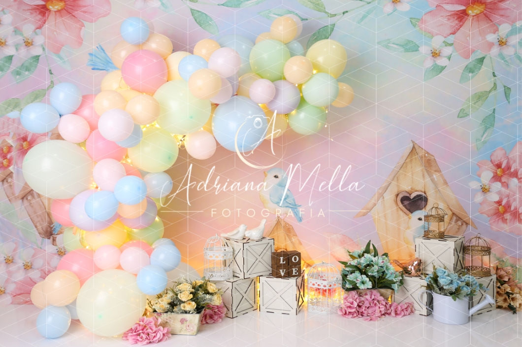 Fundo Fotográfico em Tecido - Passarinho Jardim - Adriana Mella