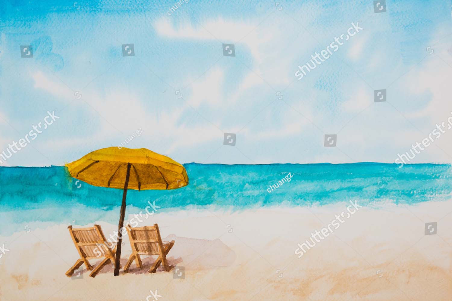 Fundo Fotográfico em Tecido - Praia Verão Aquarela