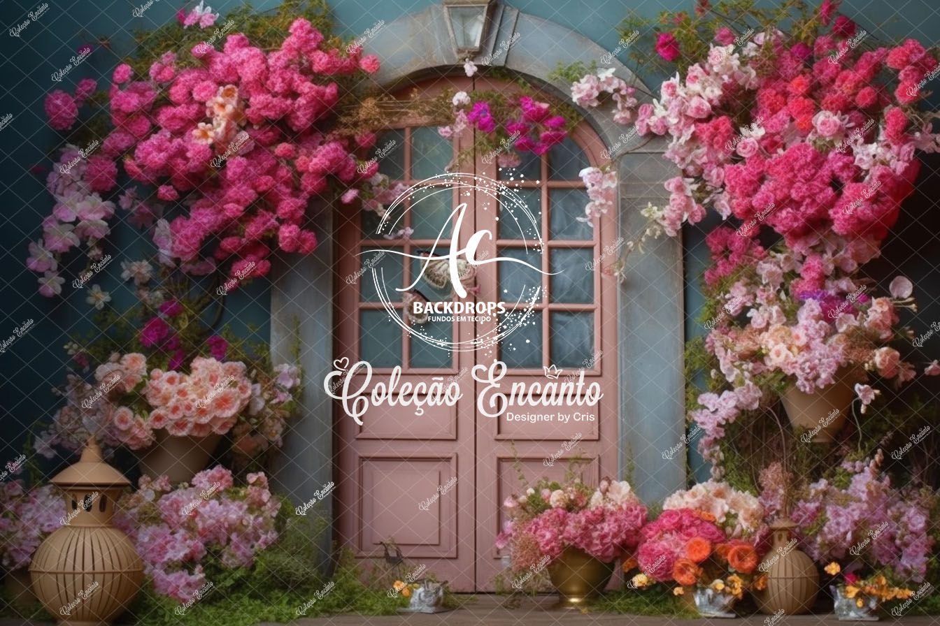Fundo Fotográfico em Tecido -  Porta rosa  Floral - Coleção Encanto 3D