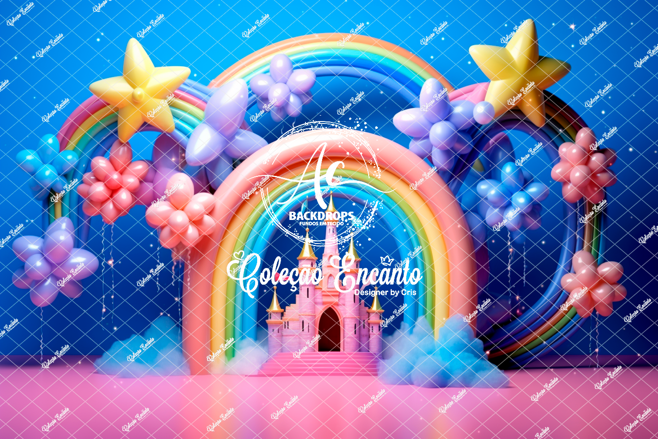 Fundo Fotográfico em Tecido - Arco Iris Balão - Coleção Encanto 3D
