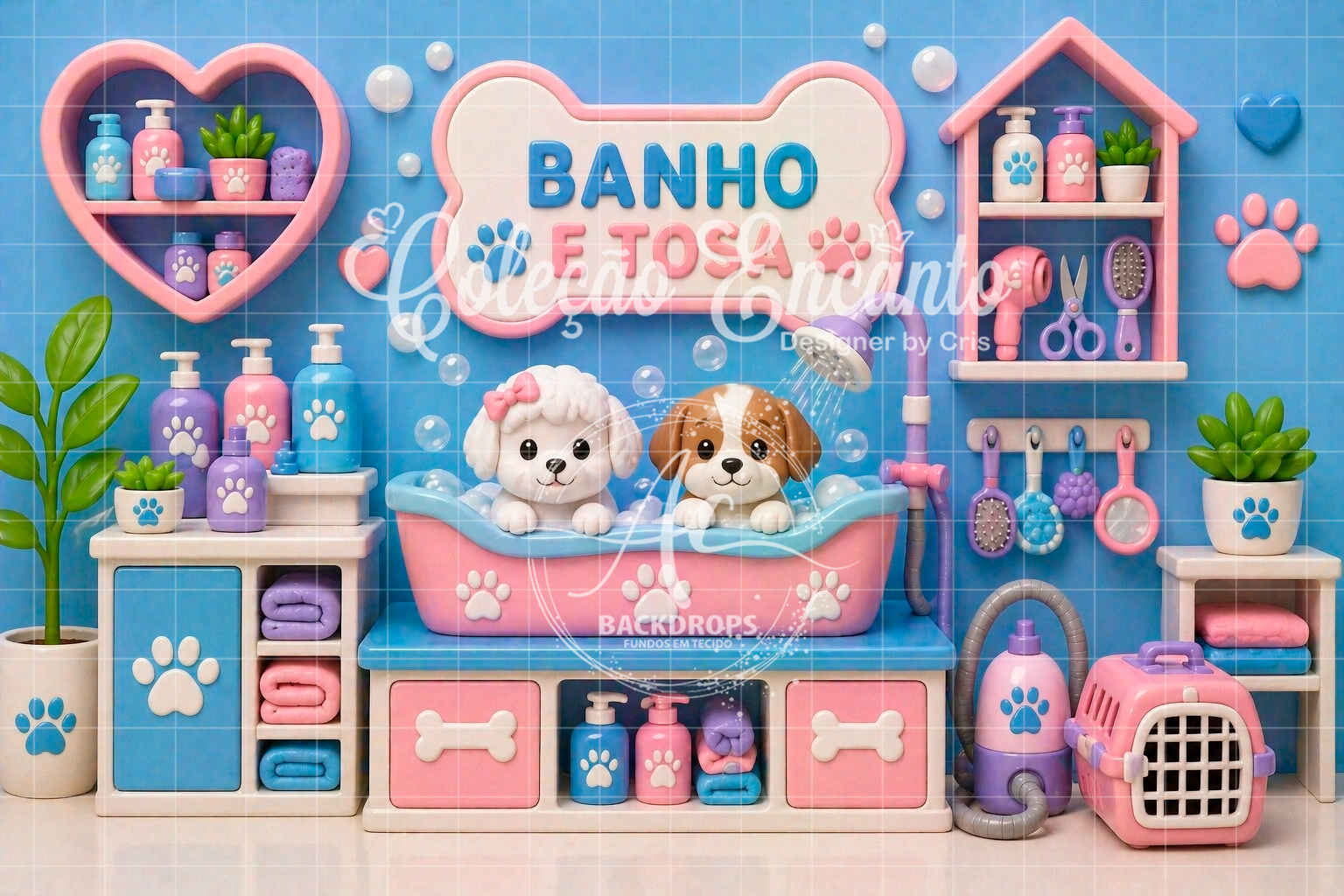 Fundo Fotográfico em Tecido - Banho e Tosa - Coleção Encanto 3D