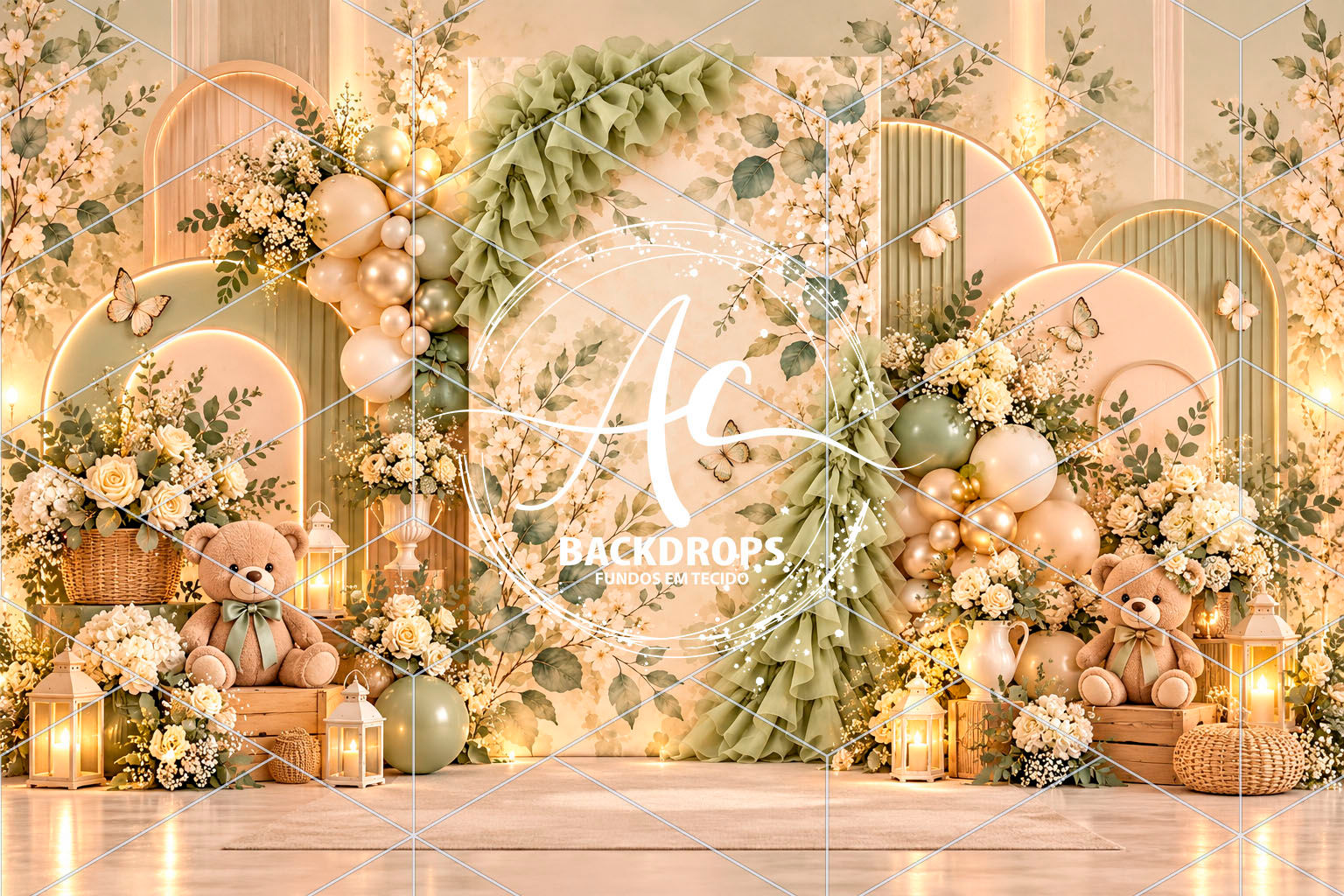 Fundo Fotográfico em Tecido - Urso Floral - Aline Castro 3D