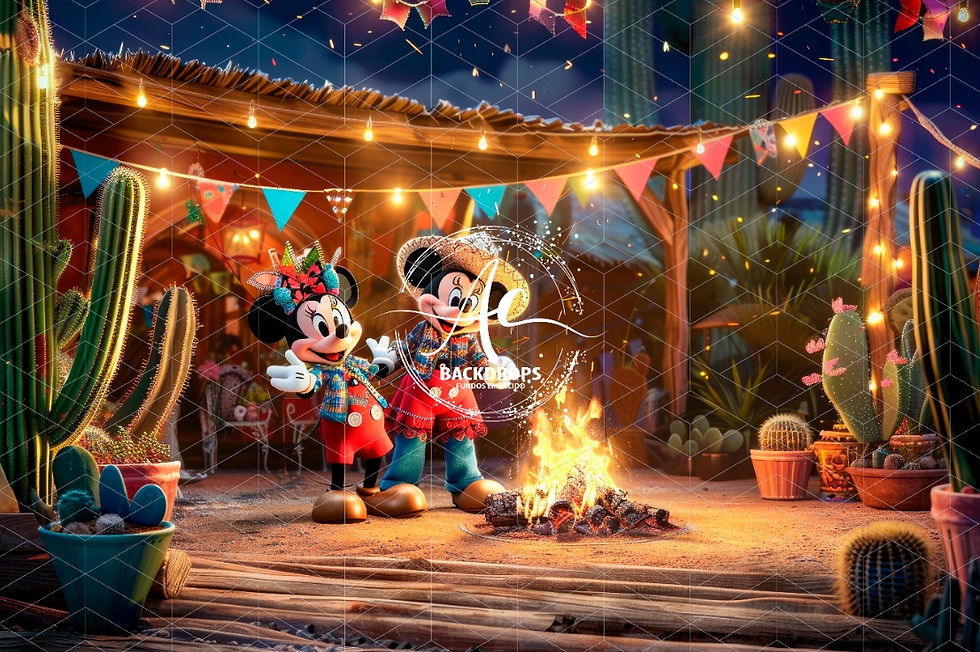 Fundo Fotográfico em Tecido -  Festa junina Mickey e Minnie- Coleção 3D