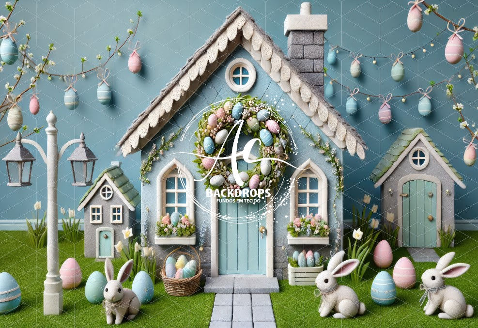 Fundo Fotográfico em Tecido - PASCOA_CASA_COELHO -