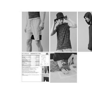 Fashion Photographies of Leisurewear styles such as mens shorts, sleeveless t-shirt and sleeveless hoodie. A measeurement chart and skeches. Women making notes on a sheet of paper, leaning over an spread out t-shirt. 