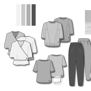 Fashion-Flats / CAD drawings of Yogawear. Wrap-Top, Jersey-Top with gathered waist, half-sleeve T-Shirt, High-waist pant, with leg slit detail. Colour-Palette and fabric suggestions. 
Modezeichnungen von Yogabekleidung, Farbpalette, Stoffmuster. 