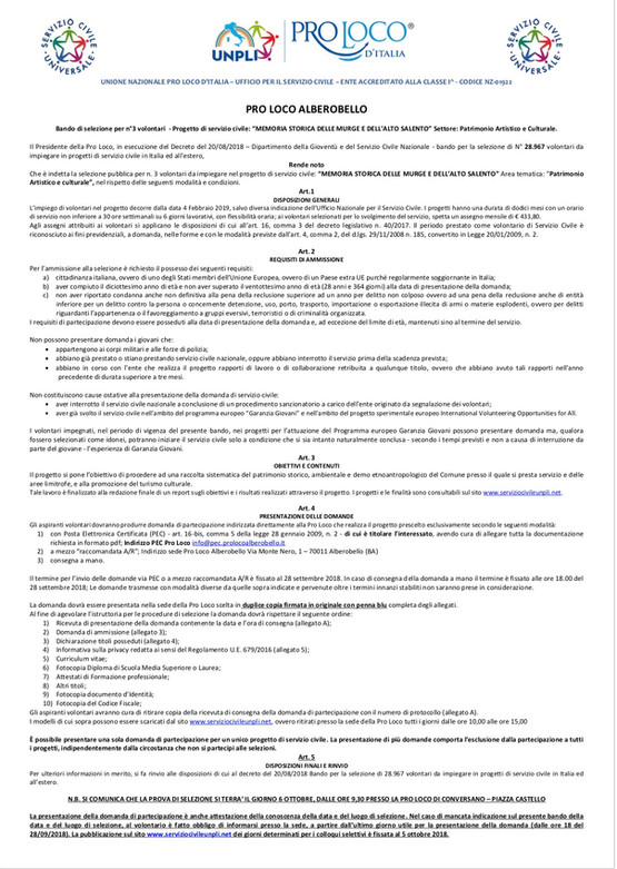 INFORMATIVA BANDO SERVIZIO CIVILE 2018
