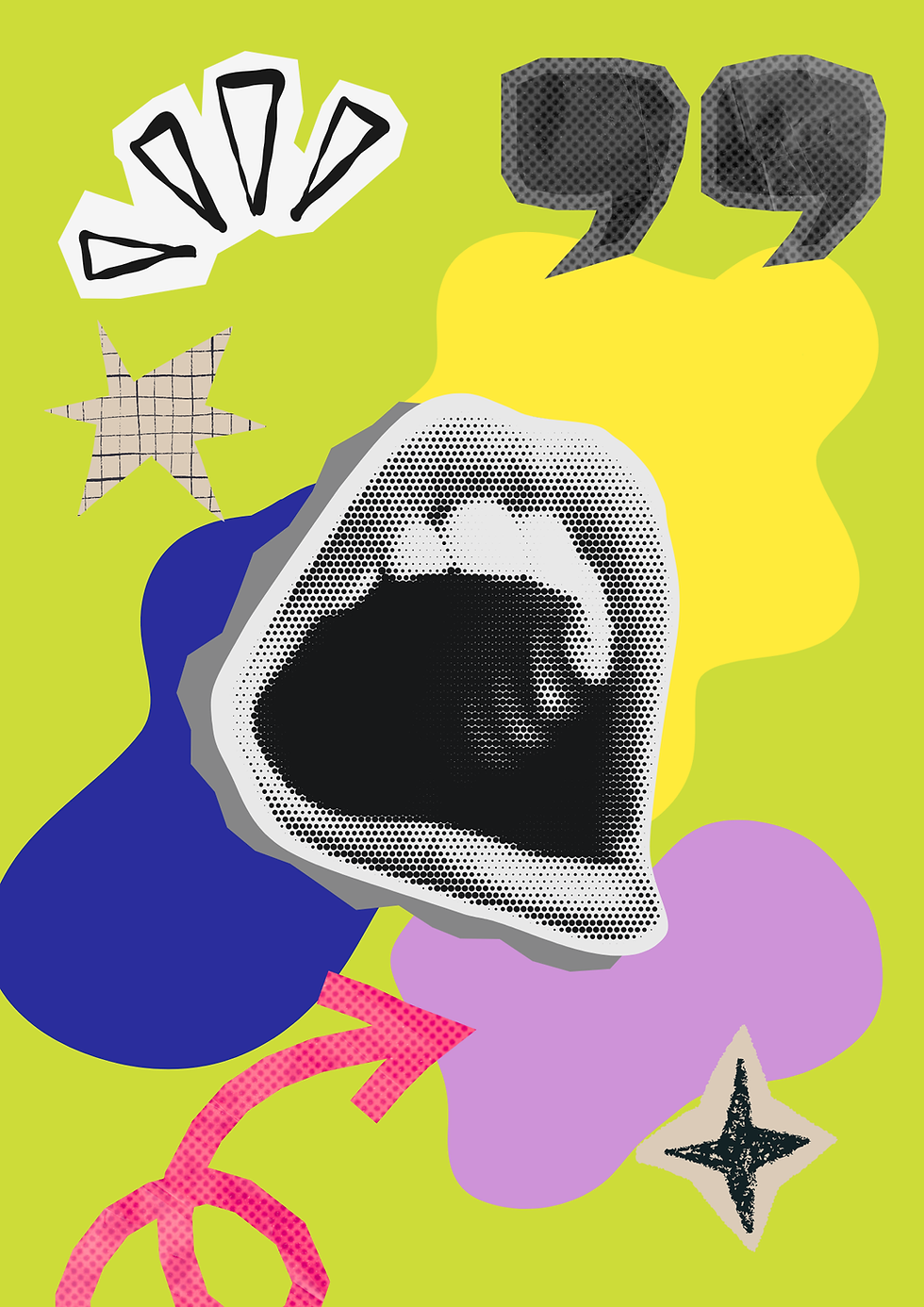 Grafica graphic collage con una bocca che parla forte e colori vivaci