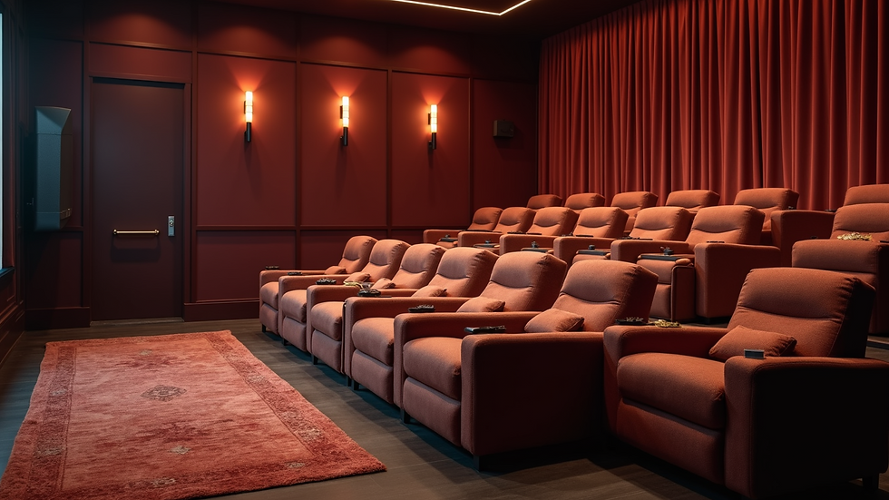 High angle view of a cozy home theater setup with plush seating