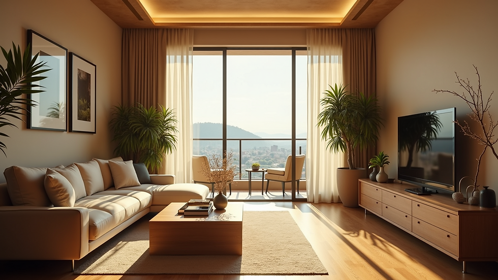 Eye-level view of a stylish living room transformed into a movie paradise