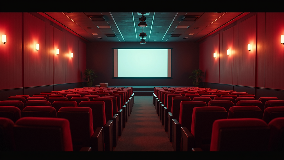 Wide angle view of an ambient movie room with dim lighting and decor