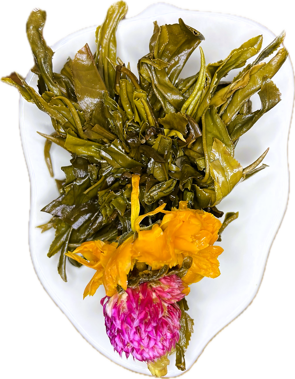 Thumbnail: Marigold Blooming Black Tea bloomed on leaf shaped tea rest