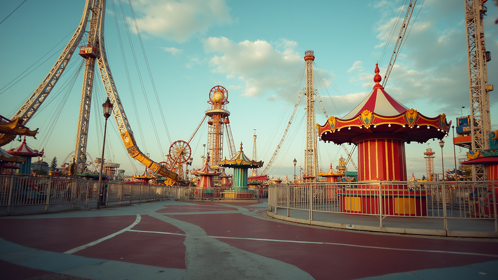 Wide angle view of colorful rides at Funderland Amusement Park